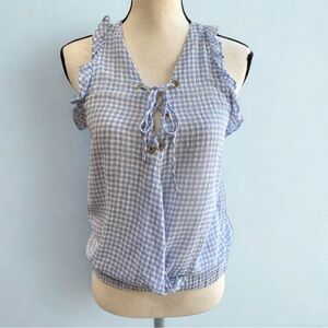 PINKO Blue Gingham Ruffle Sleeveless Blouse